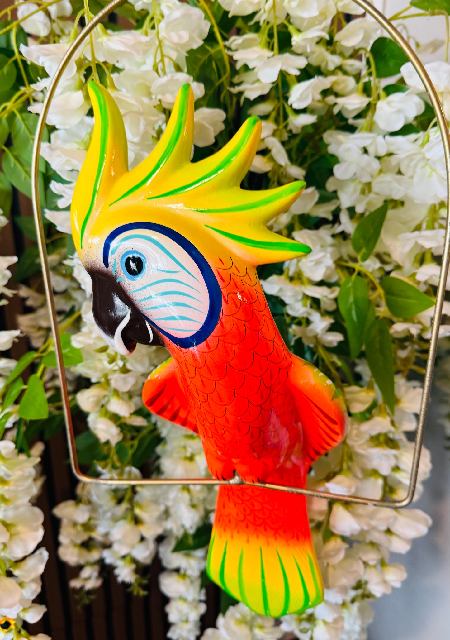 Mexican Exotic Ceramic Bird on a Perch Pajaro Mexicano de Ceramic en Aro