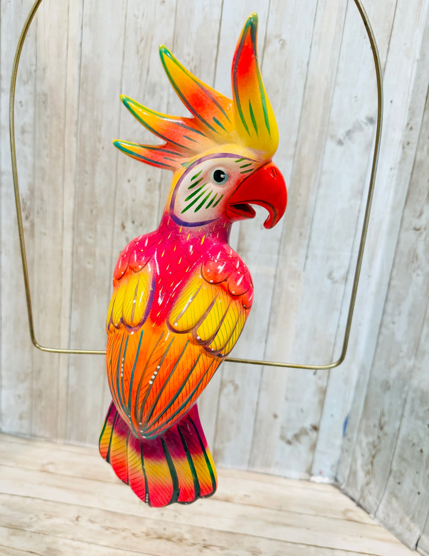 Mexican Exotic Ceramic Bird on a Perch Pajaro Mexicano de Ceramic en Aro