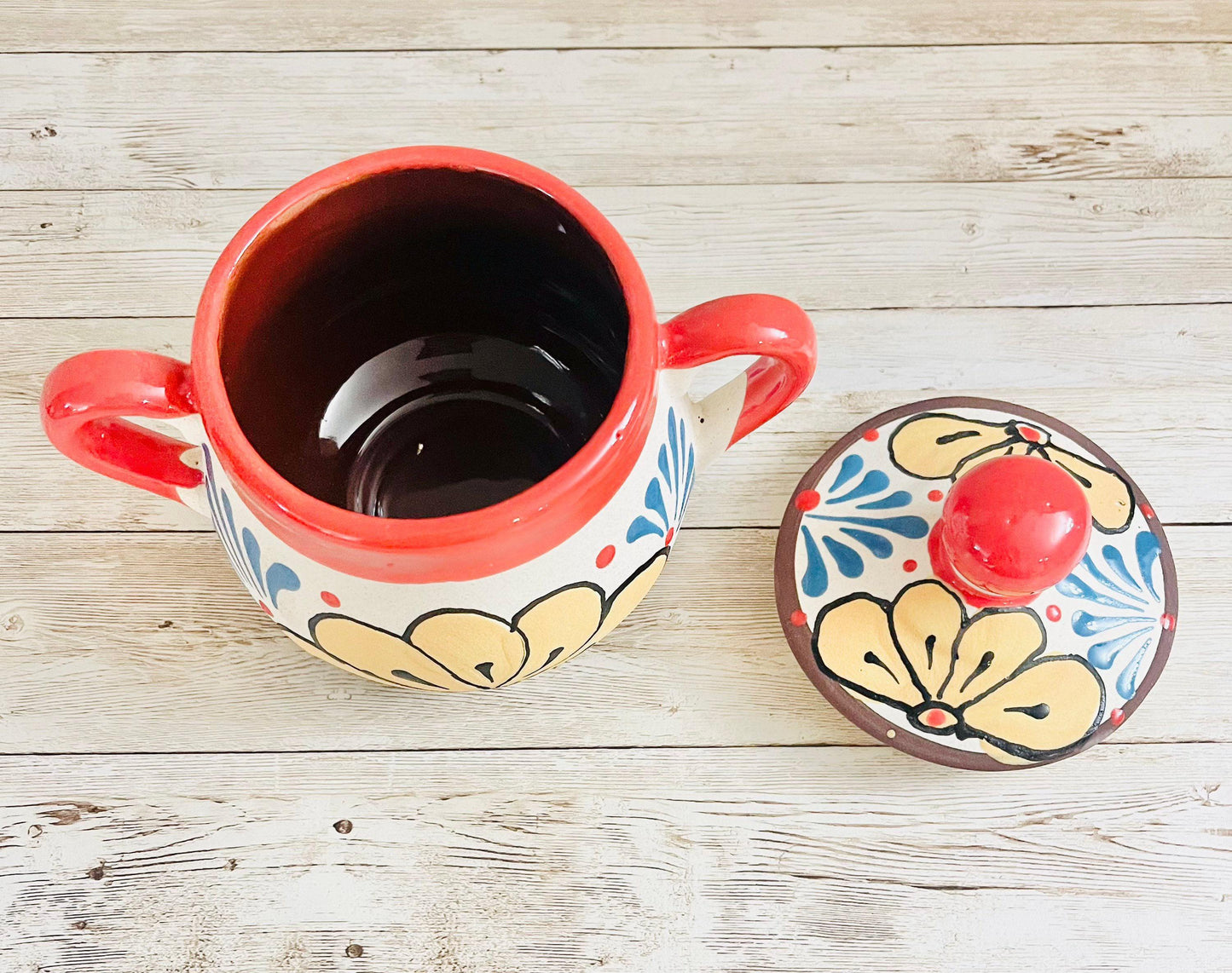 Terra Cotta Mexican Art Pottery Sugar Pot with Coffee Tea Pot. Azucarera Artesanal Mexicana Engove con Jarra Lechera