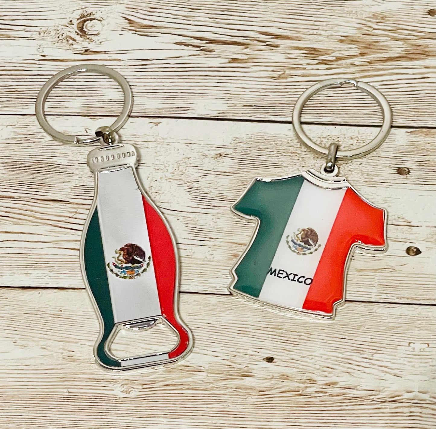2 Mexican Keychains 1 Bottle Opener and 1 Mexican Shirt with Mexico Colors 2 Llaveros 1 Llavero Destapador y 1 Llavero de Camiseta Mexicana