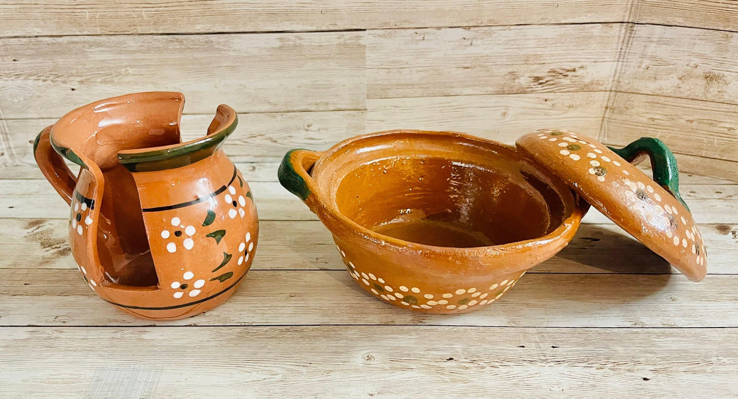 Servilletero y Cazuelita de Barro Mexicano Mexican Clay Napkin Holder and Casserole
