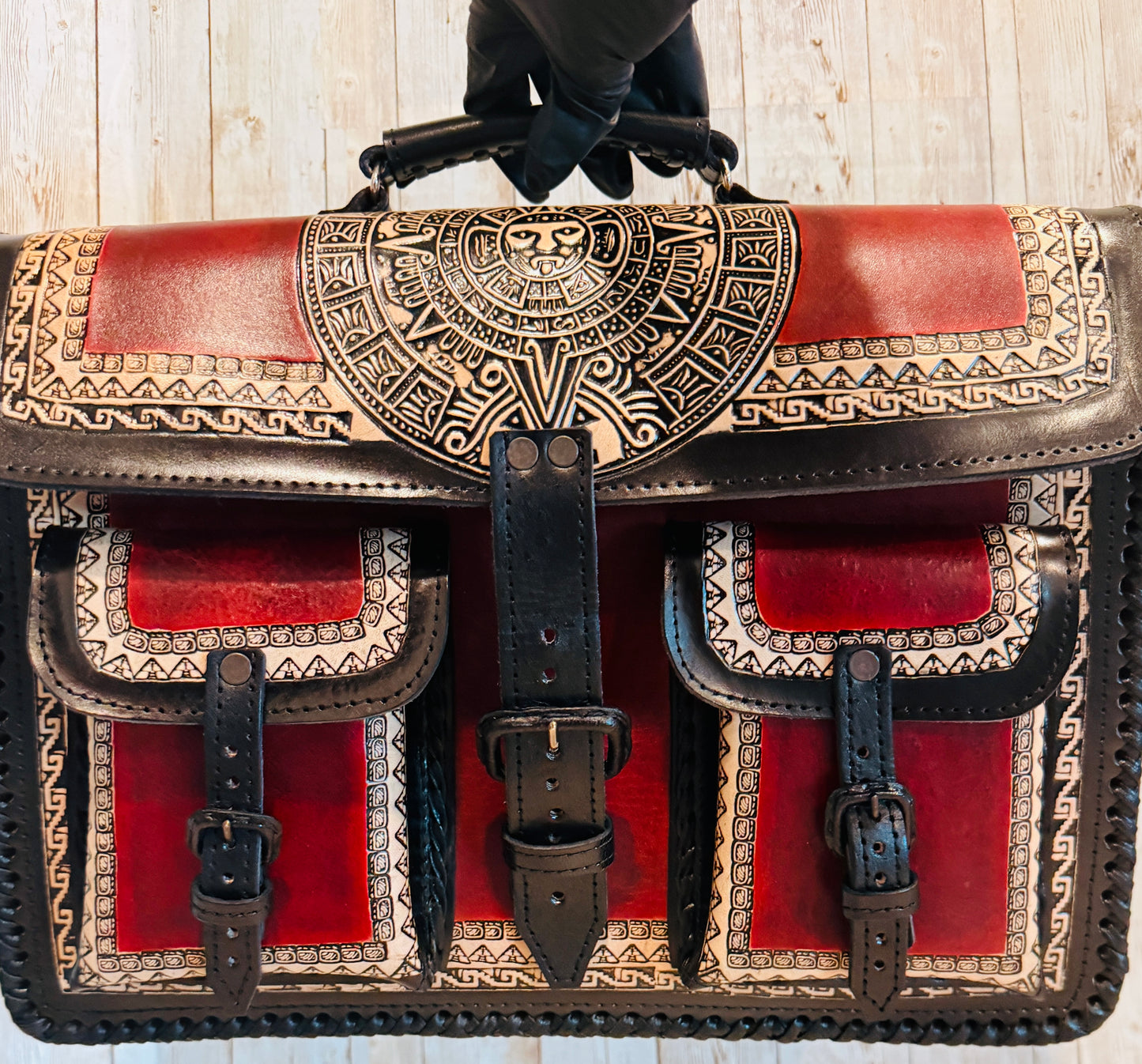 Tooled Leather  Handmade Aztec Satchel Mexican Artisan Shoulder Bag