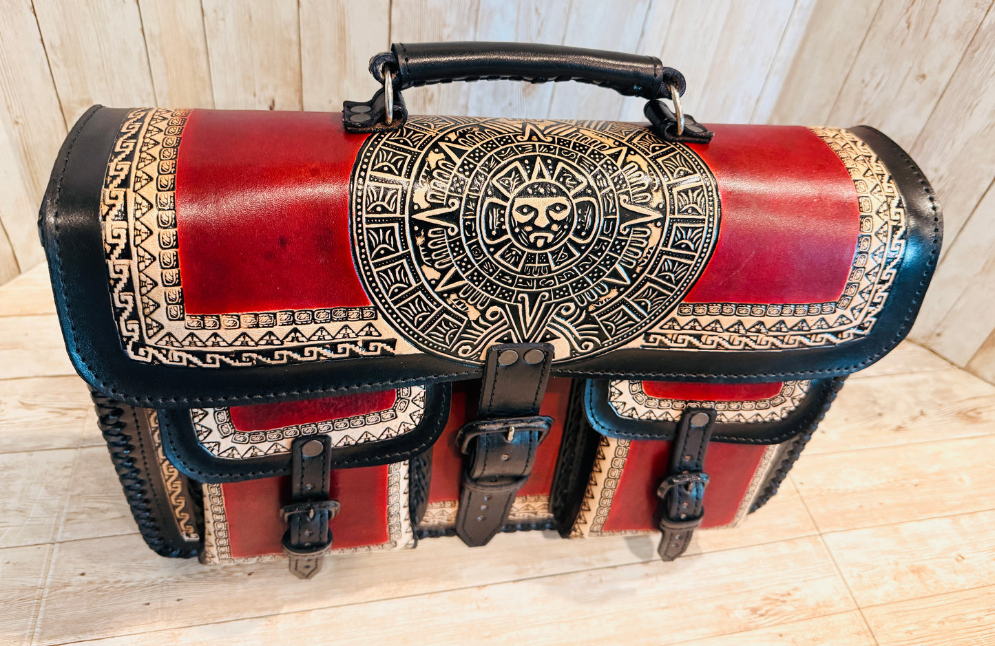 Tooled Leather  Handmade Aztec Satchel Mexican Artisan Shoulder Bag