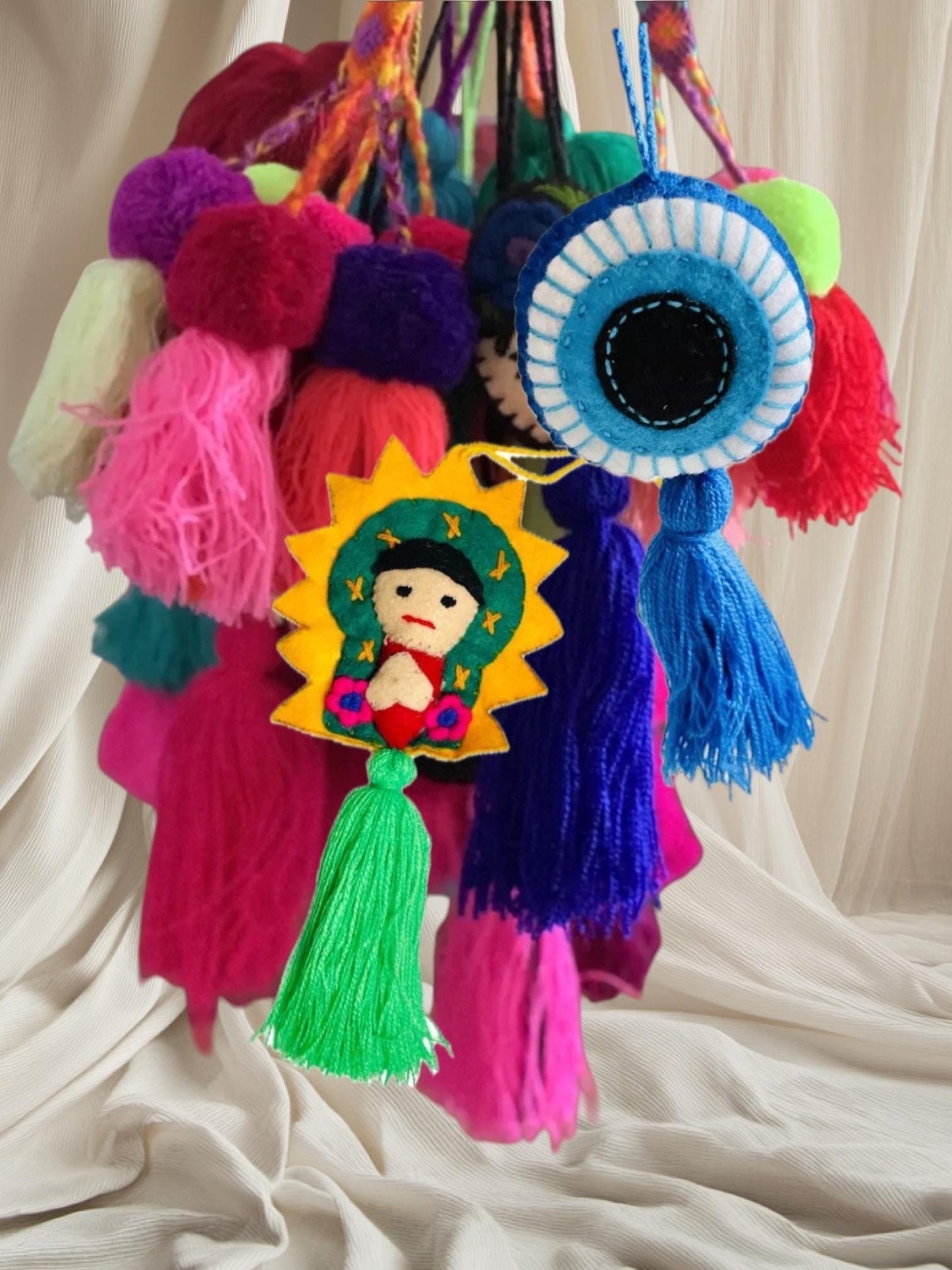 Lot of 12 Mexican Pompoms, Tassels Accessory Charms Keychains Bag Accessories 12 Pompones Artesanales Surtidos