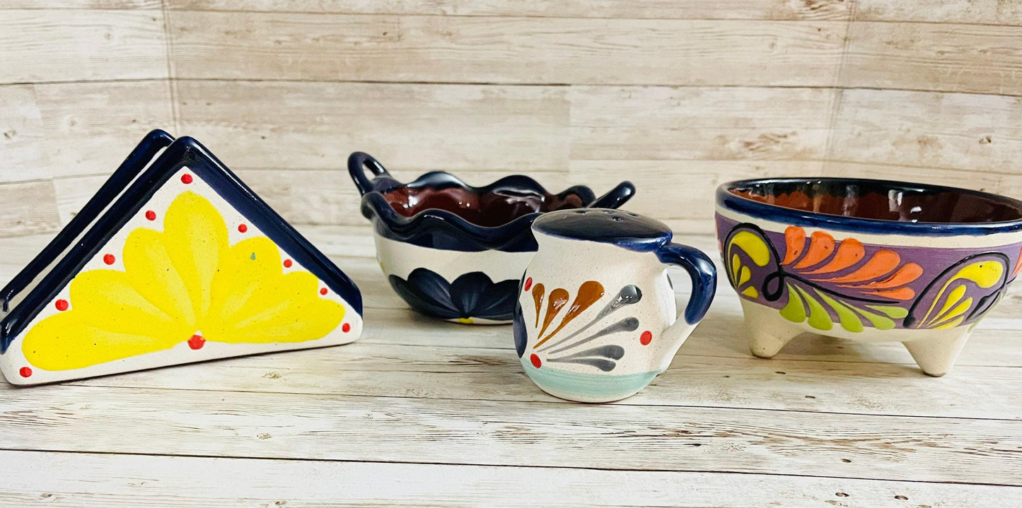 Terra Cota Mexican Molcajete Salt Shaker Napkin Holder & Salsa Bowl 4 Piece Set