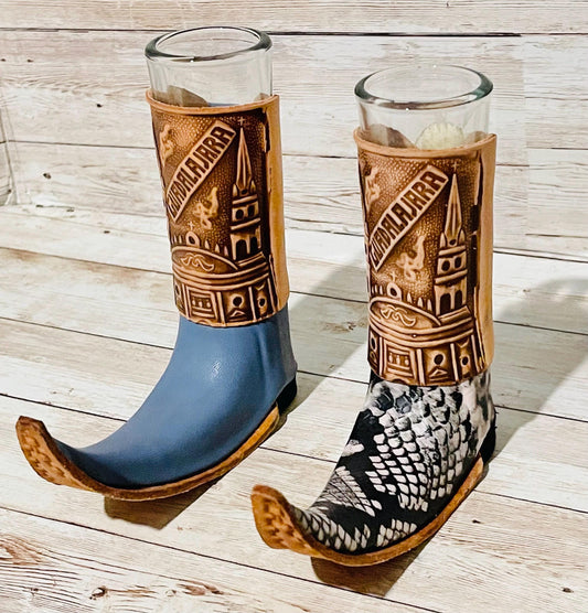 2x Mexican Leather Boot Shot Glasses 2x Vasos Tequileros de Bota con Piel