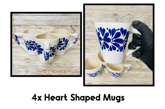 4x Mexican Ceramic Heart Shaped Pottery Cups 4x Tazas de Ceramica Mexicanas en Forma de Corazon