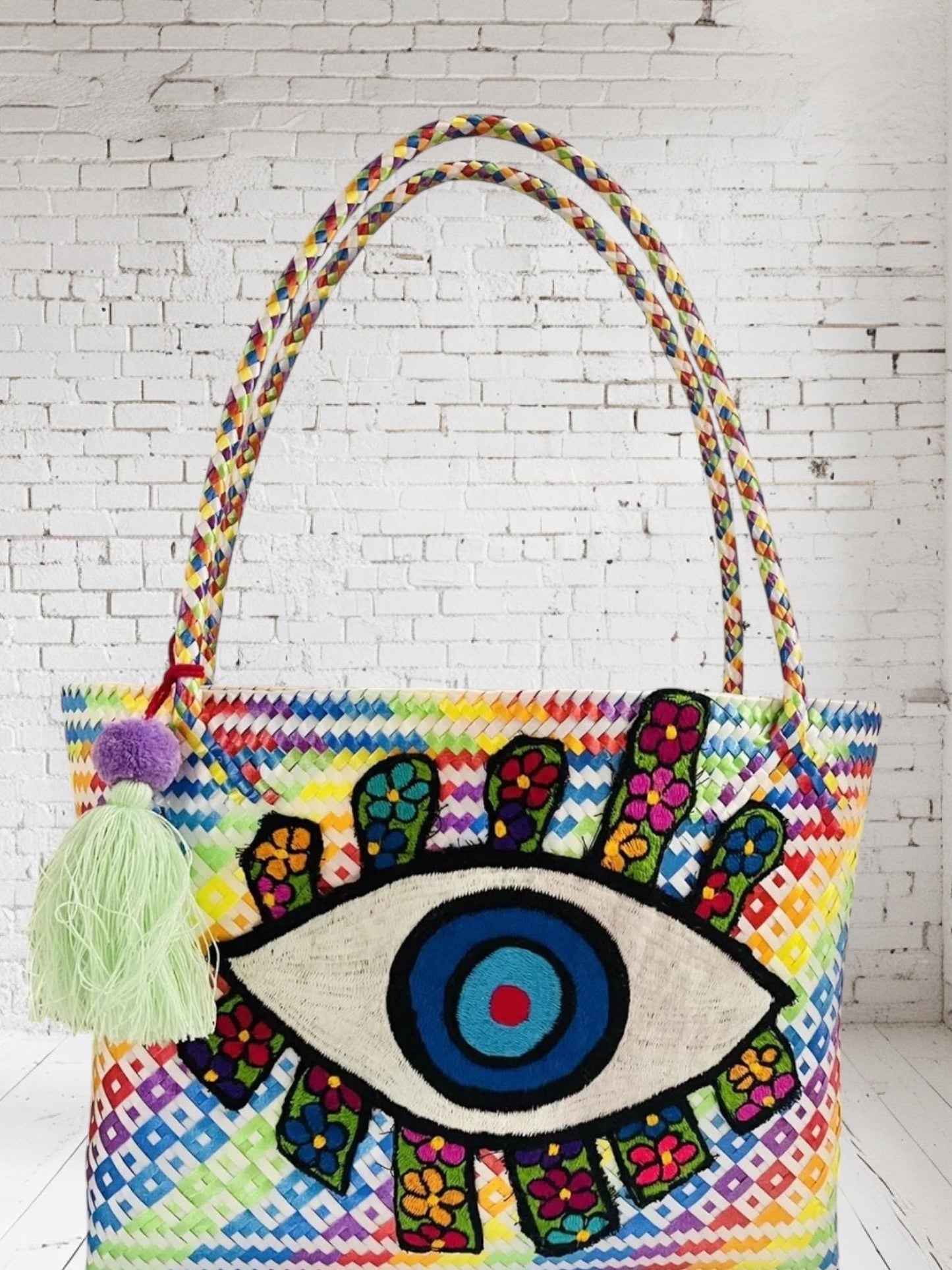 Hamsa Evil Eye Hand Woven Plastic Tote Bolsa Mexicana Artesenal Hamsa Mal De Ojo