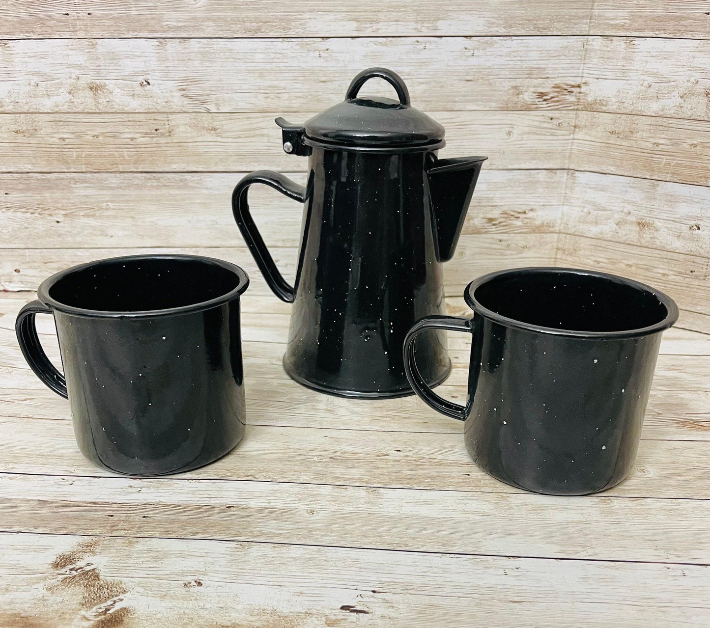 Enamelware Coffee Tea Pot & 2  Cups Cafetera de Peltre con 2 Tazas Peltre Mexicano
