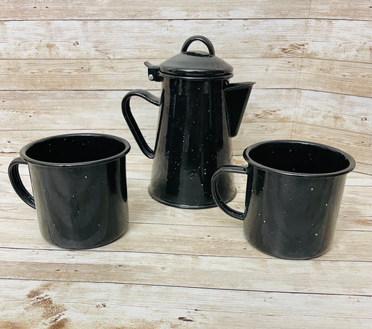 Enamelware Coffee Tea Pot & 2  Cups Cafetera de Peltre con 2 Tazas Peltre Mexicano