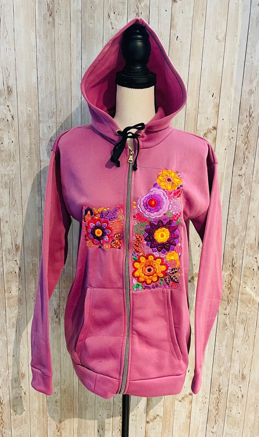 Mexican Embroidered Hoodie Zip Front Sweater Size XL Sueter Bordado Mexicano