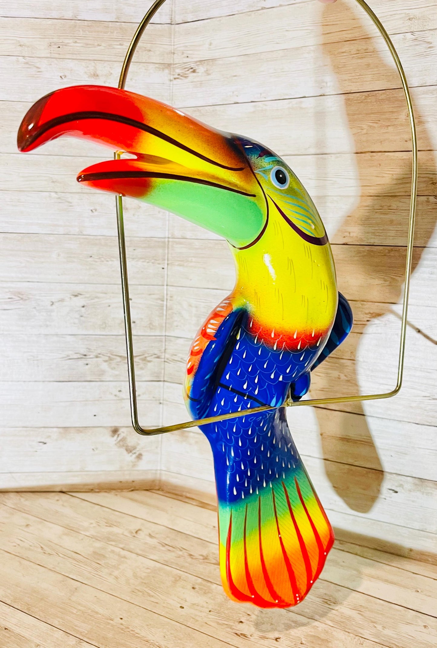 Mexican Exotic Ceramic Bird on a Perch Pajaro Mexicano de Ceramic en Aro