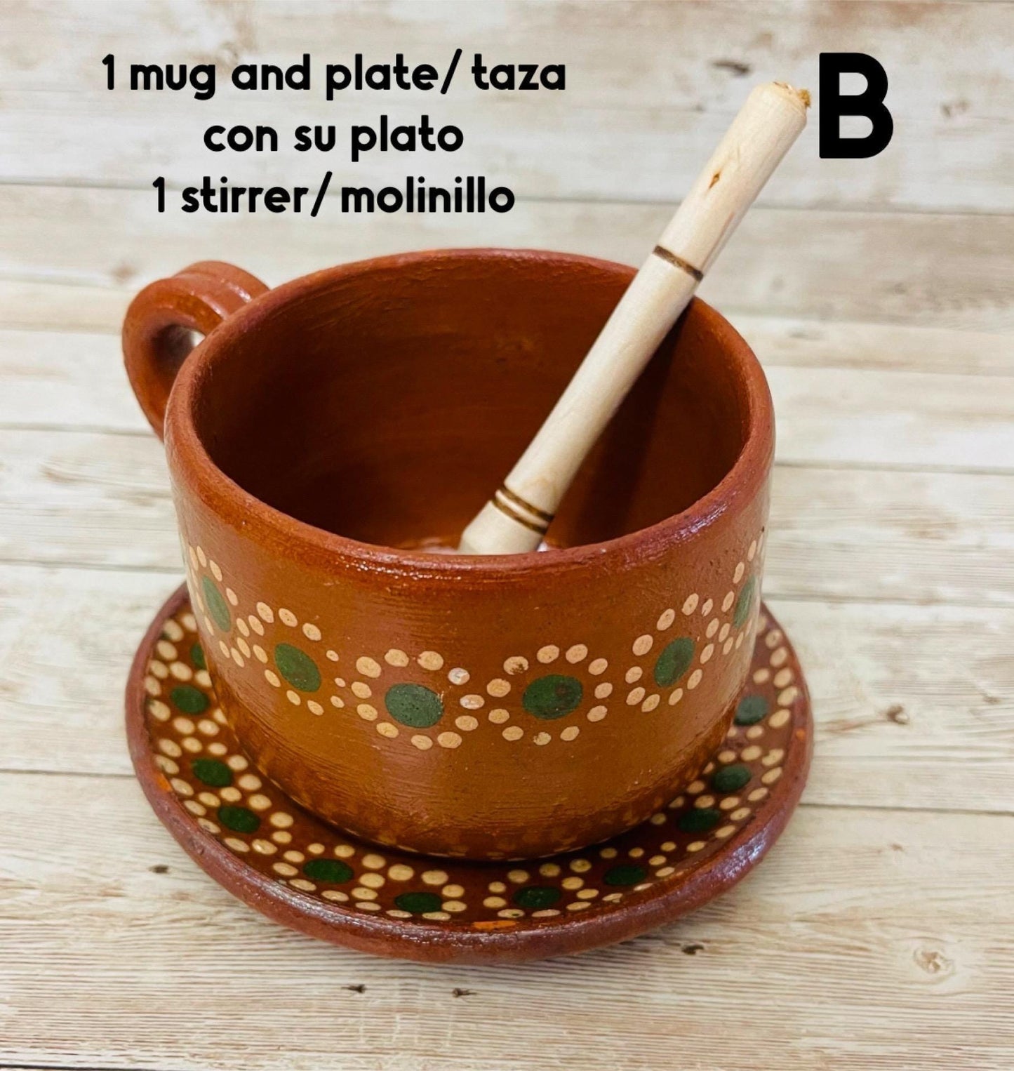 Taza de Barro y Plato con Molinillo y Cuchara de Madera Chica Terra Cota Mug with Plate & Small Wood Spoon and Stirrer for Mug