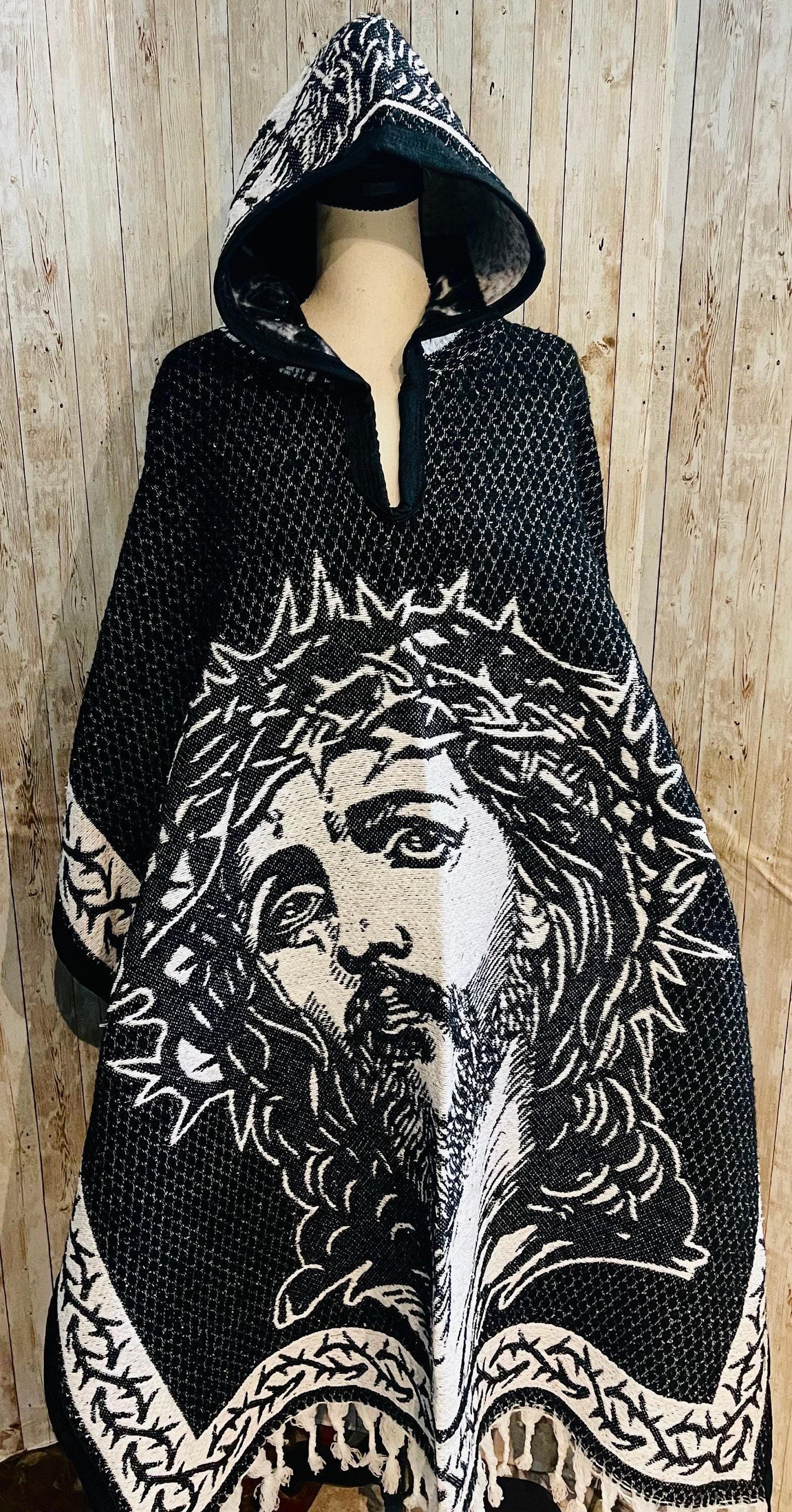 Mexican Double Sided Poncho Christ and INRI on Back Poncho Doble Vista de Cristo y INRI Atras