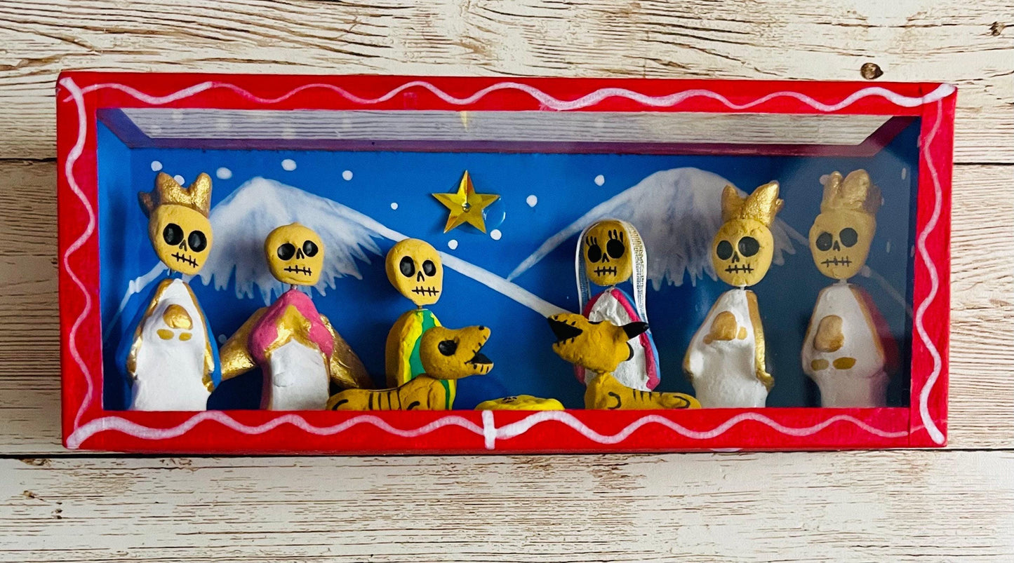 Nicho Mexicano De Nacimiento de Catrinas y Vitrina Mexican Sugar Skulls Nativity Scene Shadow Box