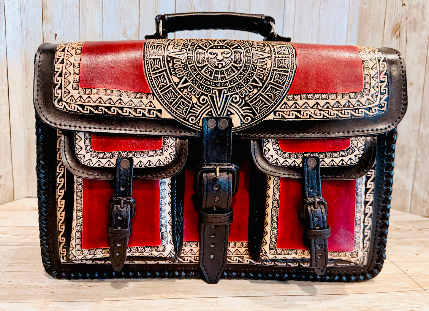 Tooled Leather  Handmade Aztec Satchel Mexican Artisan Shoulder Bag