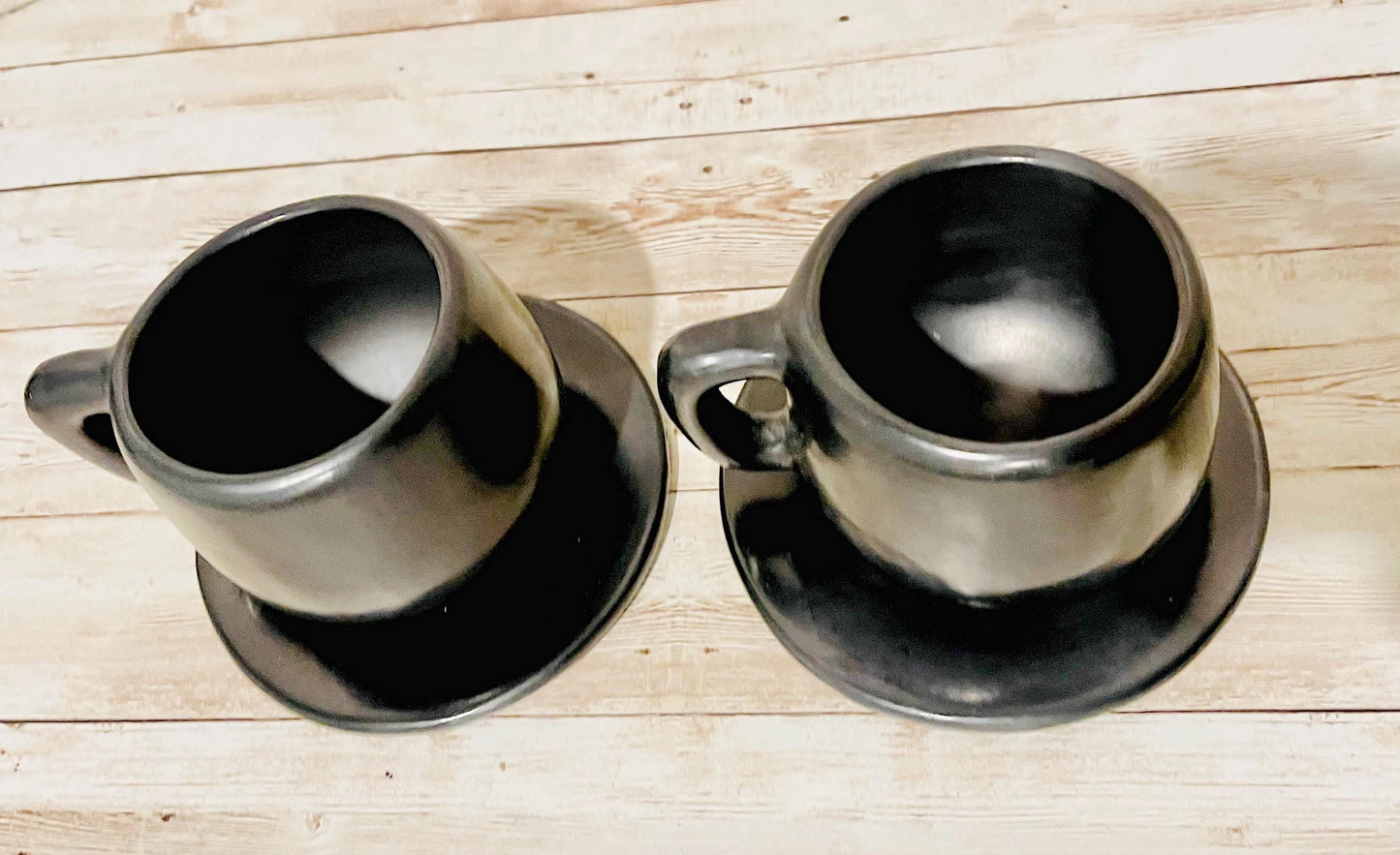 Black Oaxacan Mexican Clay Capuccino Expresso Coffee Tea Mugs with Plate Tazas de Barro Negro Artesanal Mexicano con Plato Hechas en Oaxaca