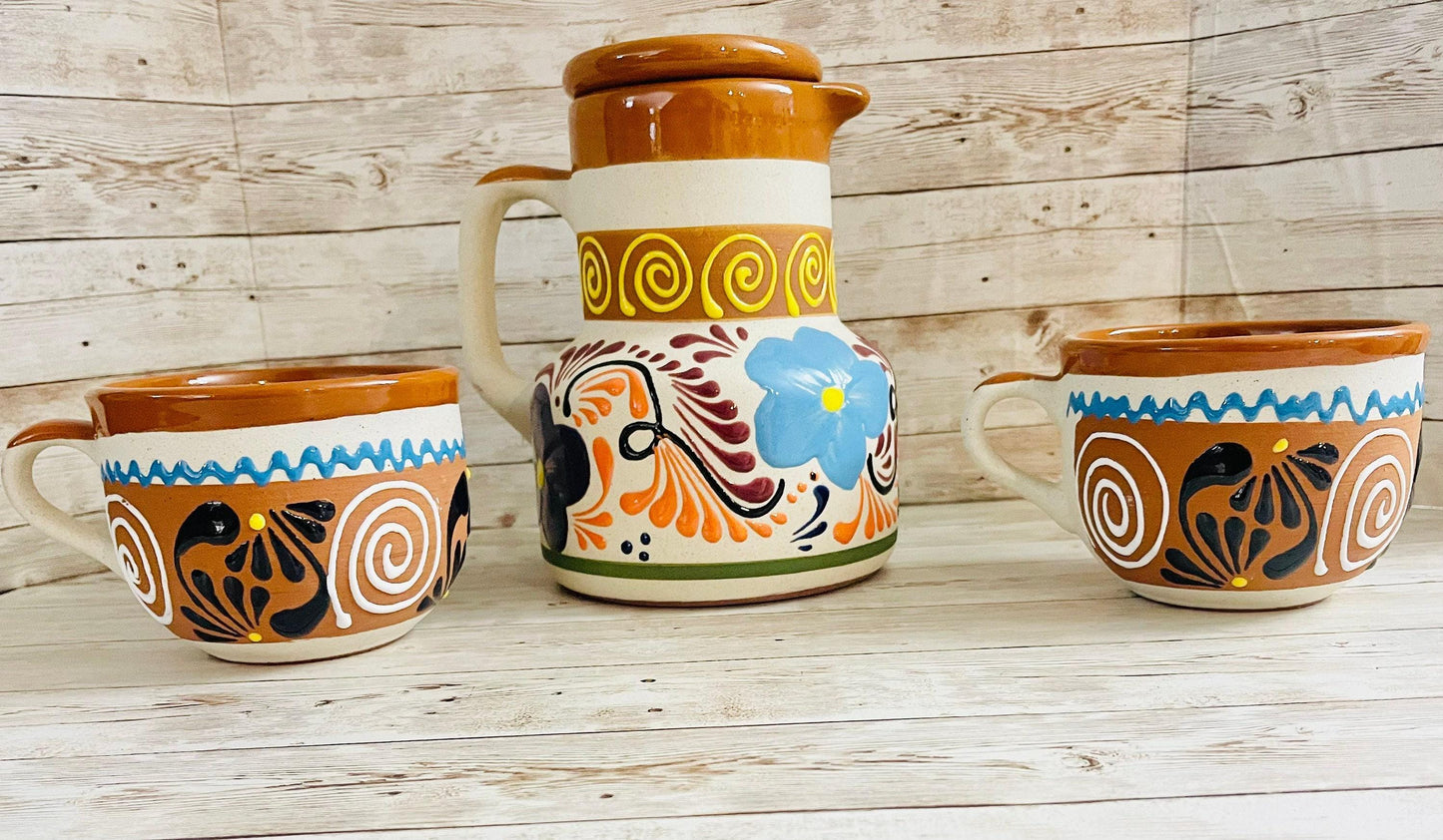 Terra Cotta Mexican Art Pottery CoffeeTea Set Drinkware With 2 Cereal Mugs Jarra Lechera Cafetera Artesanal Mexicana con 2 tazas Cerealeas