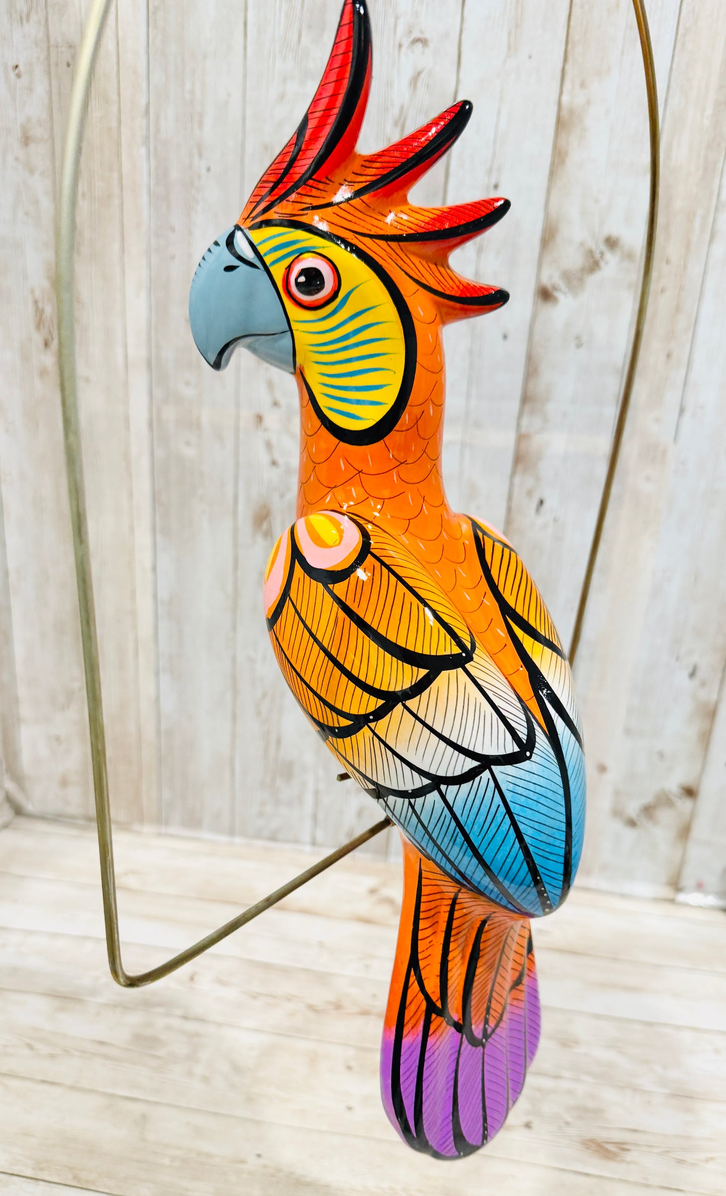 Mexican Exotic Ceramic Bird on a Perch Pajaro Mexicano de Ceramic en Aro