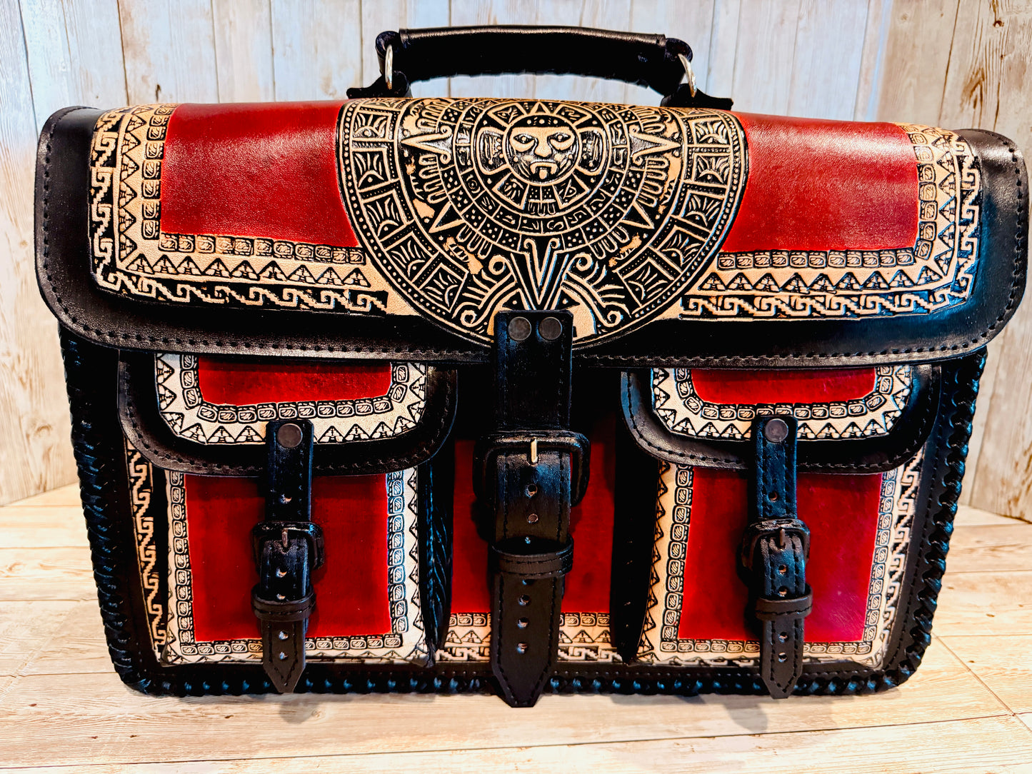 Tooled Leather  Handmade Aztec Satchel Mexican Artisan Shoulder Bag