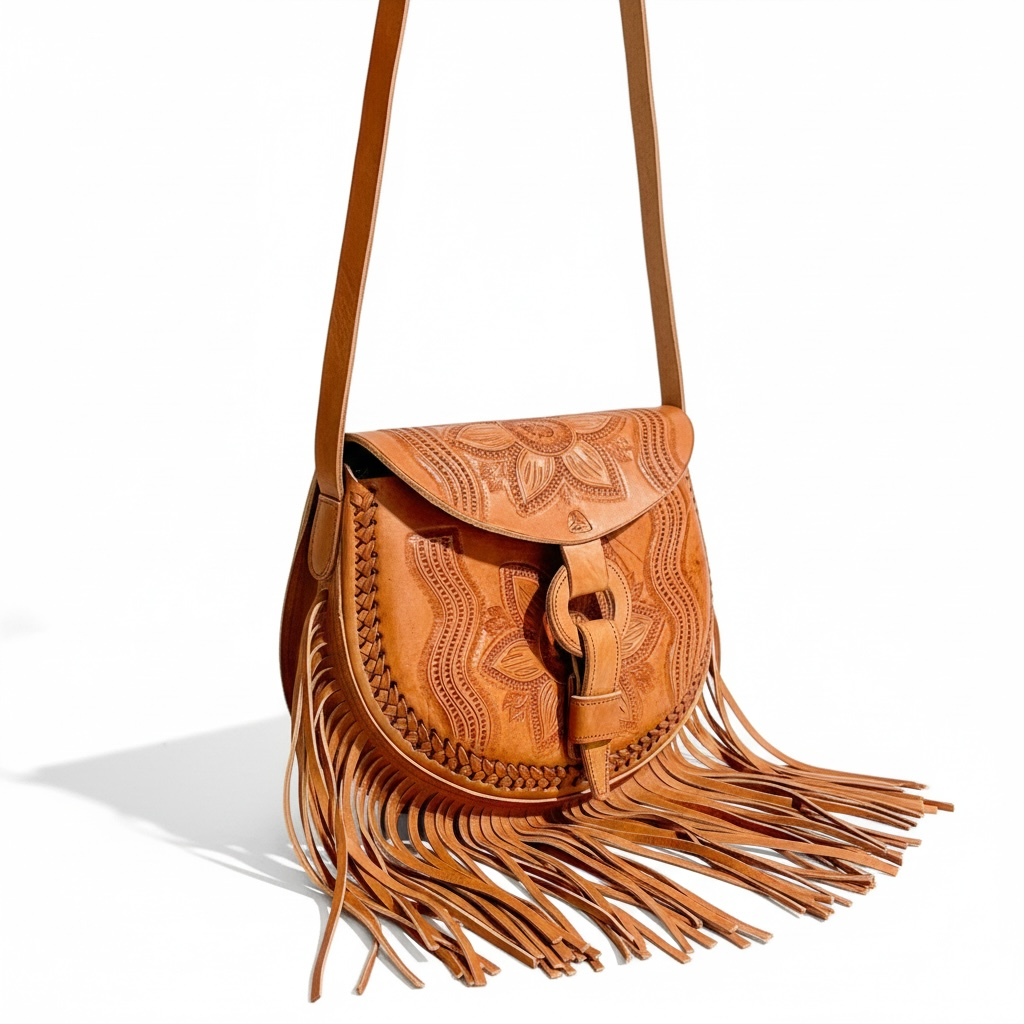 Mexican Leather Tooled Fringe Crossbody Handbag Bolsa Mexicana de Piel Cincelada con Flecos