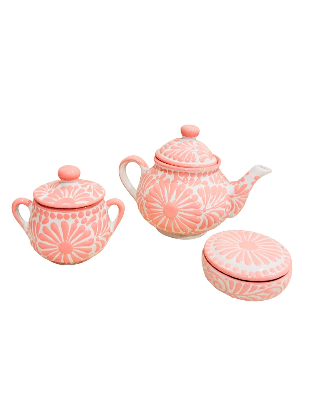 Mexican Pink Talavera Coffeepot Teapot Set with Sugar Bowl and Serving Dish with Lid Talavera Rosa Tetera con Azucarera y Charola Chica para Servir