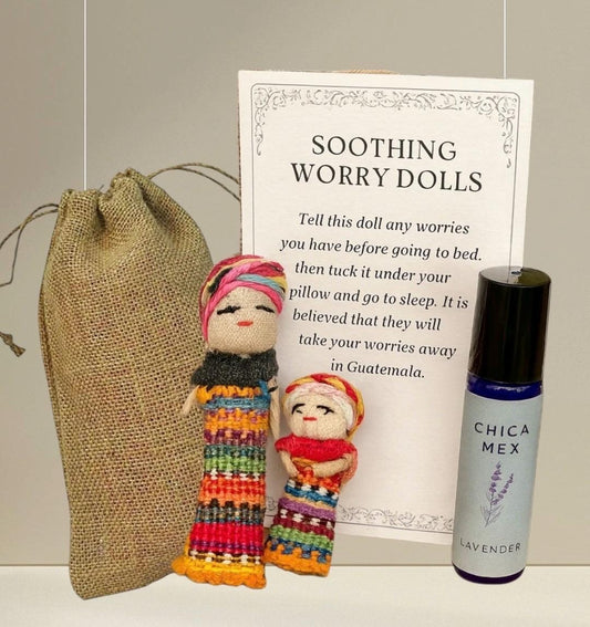 Soothing Worry Dolls Gift Set with Pouch, Description Card & Lavender Oil Handmade Muñeca Quitapena con Aceite Lavanda Bolsita y Descripción