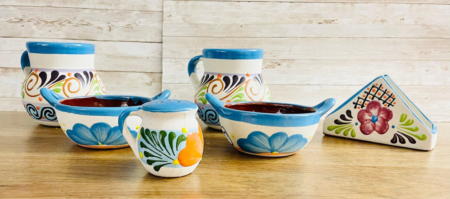 2 Clay Mexican Bowls and Cups 2 Platos Pozoleros con Vasos 2 Clay Bowls Terracota Bowls
