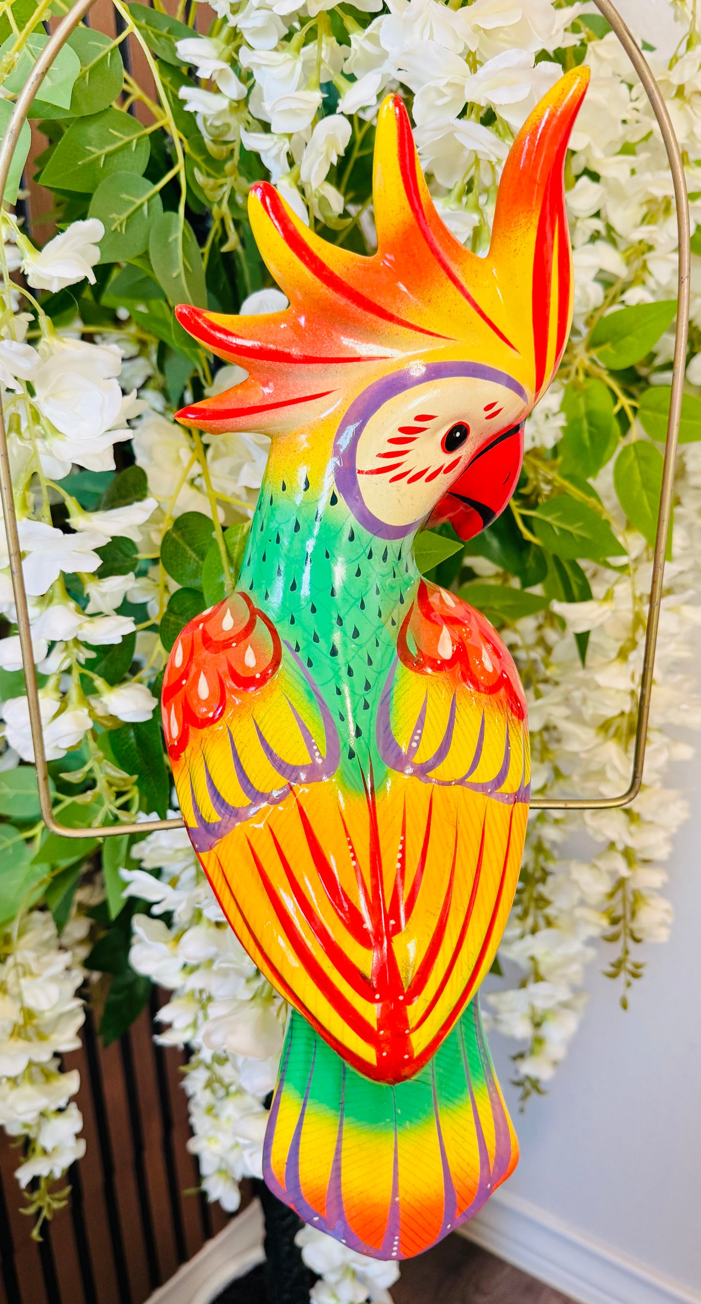 Mexican Exotic Ceramic Bird on a Perch Pajaro Mexicano de Ceramic en Aro