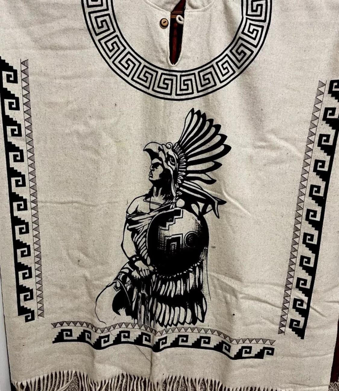 Mexican Aztec Warrior Wool PONCHO with Hoodie Poncho Mexicano De Lana Planchada  Azteca Guerrero con Gorro