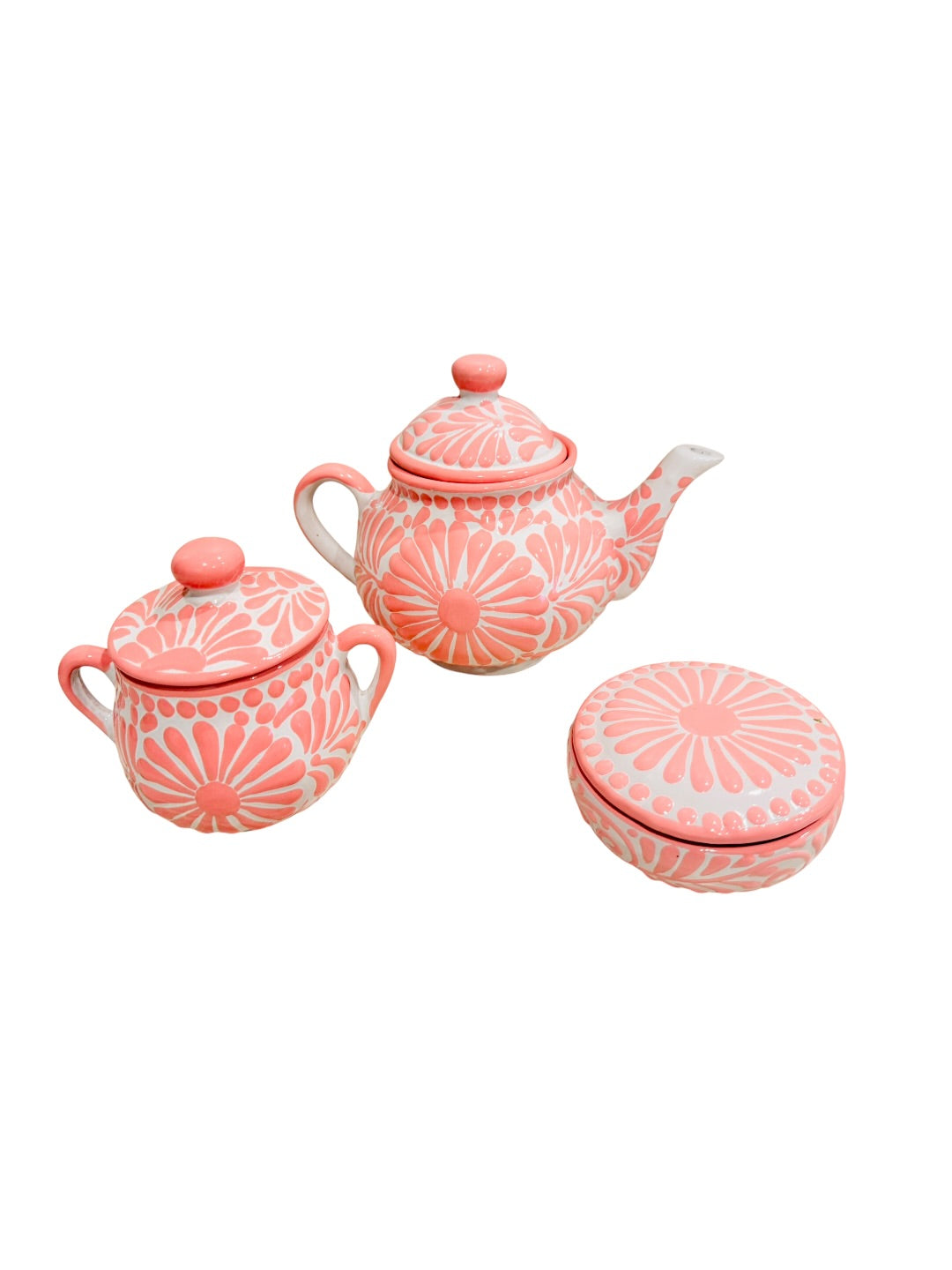 Mexican Pink Talavera Coffeepot Teapot Set with Sugar Bowl and Serving Dish with Lid Talavera Rosa Tetera con Azucarera y Charola Chica para Servir