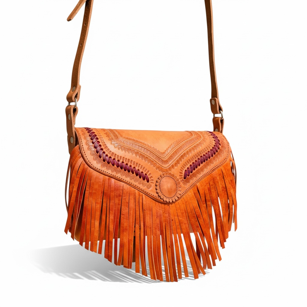 Mexican Tooled Leather Fringe Crossbody Handbag Bolsa Mexicana de Piel Cincelada con Flecos