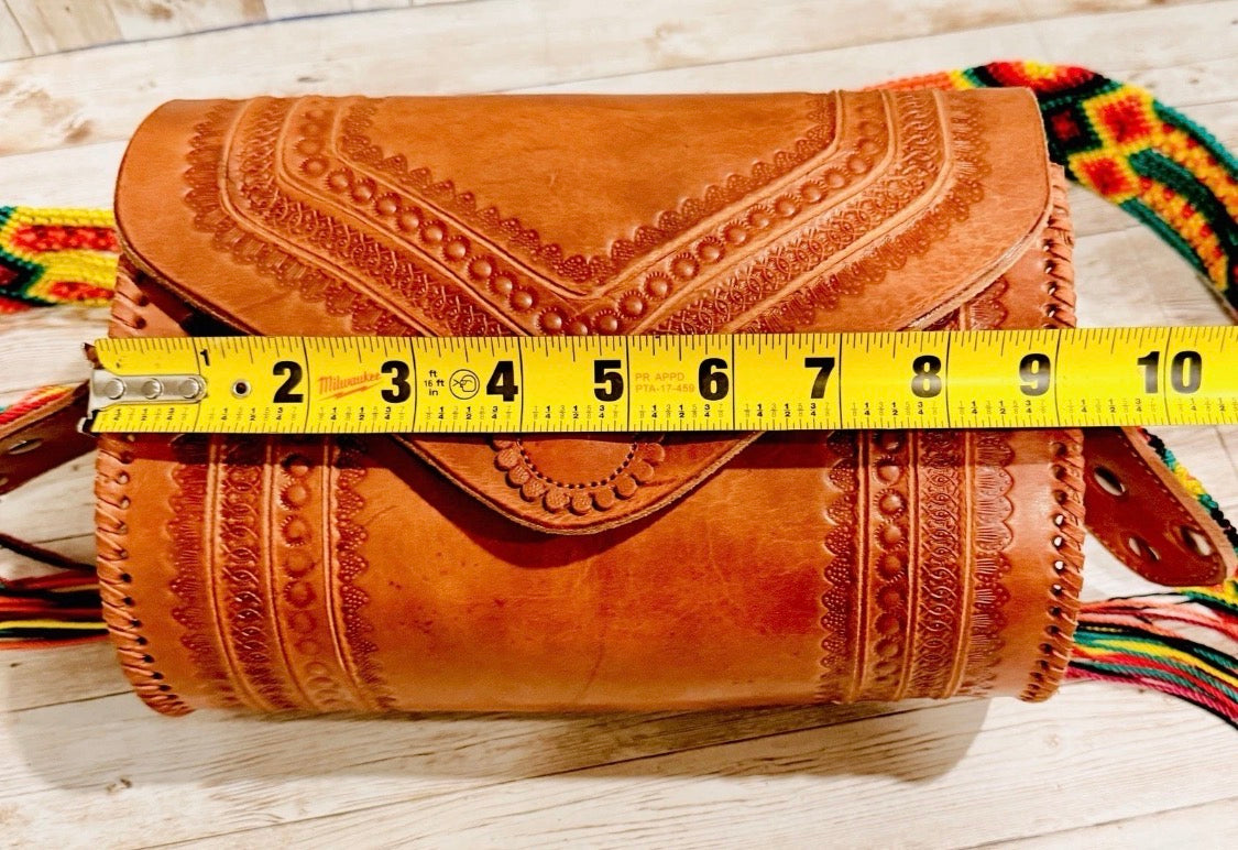 Handcrafted Tooled Western Mexican Leather Crossbody Bag with Woven Straps Bolsa Mexicana de Piel con Correa Tejida