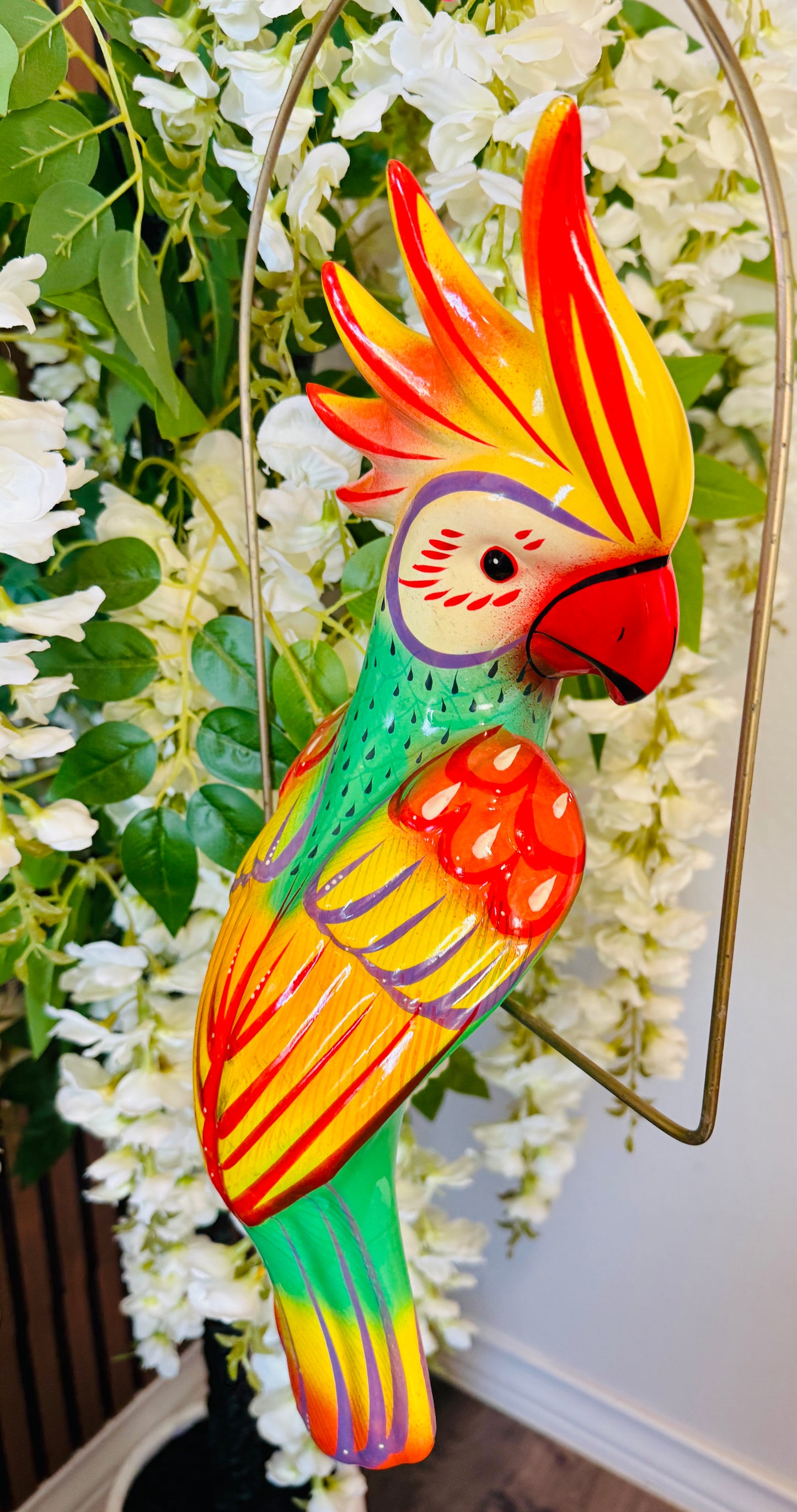 Mexican Exotic Ceramic Bird on a Perch Pajaro Mexicano de Ceramic en Aro