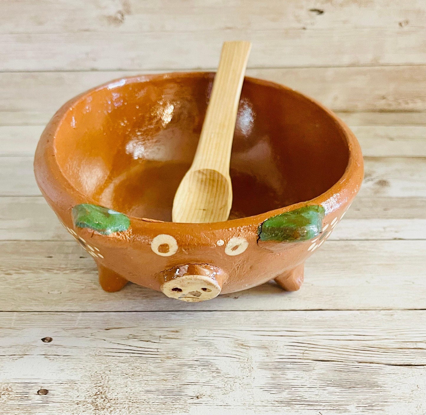 Terra Cotta Mexican Pottery Salsa Pig Bowl with Spoon Salsera de Barro Mexicana de Marranito con Cuchara