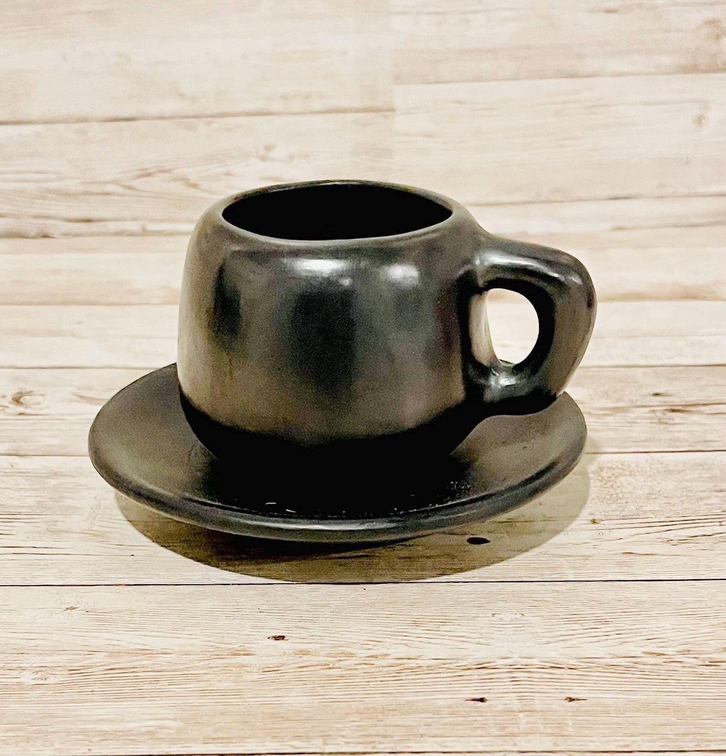 1x Black Oaxaca Mexican Clay Capuccino Expresso Coffee Tea Mug with Plate 1 Taza de Barro Negro Artesanal Mexicano con Plato Barro de Oaxaca