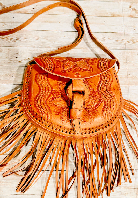 Mexican Leather Tooled Fringe Crossbody Handbag Bolsa Mexicana de Piel Cincelada con Flecos