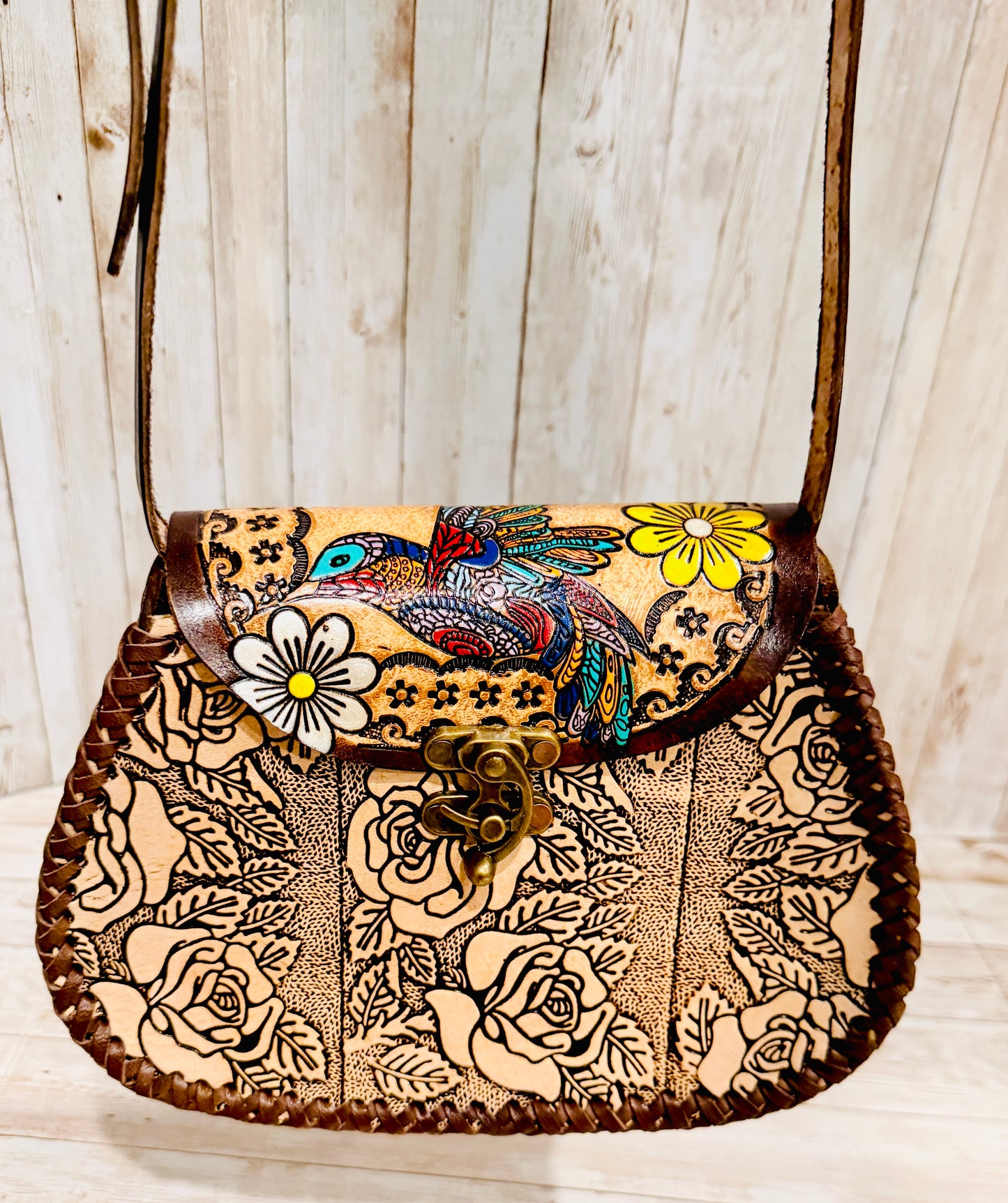 Mexican Leather Tooled Handbag Bolsa Mexicana de Piel Cincelada