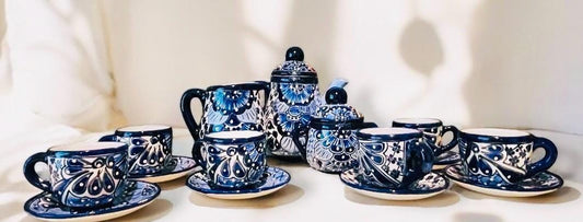 Mexican Talavera Tea Coffee Set Drinkware With 6  Mugs Sugar Bowl Talavera Mexicana de Cafe/Te con Tazas Platos Azucarera y Tetera