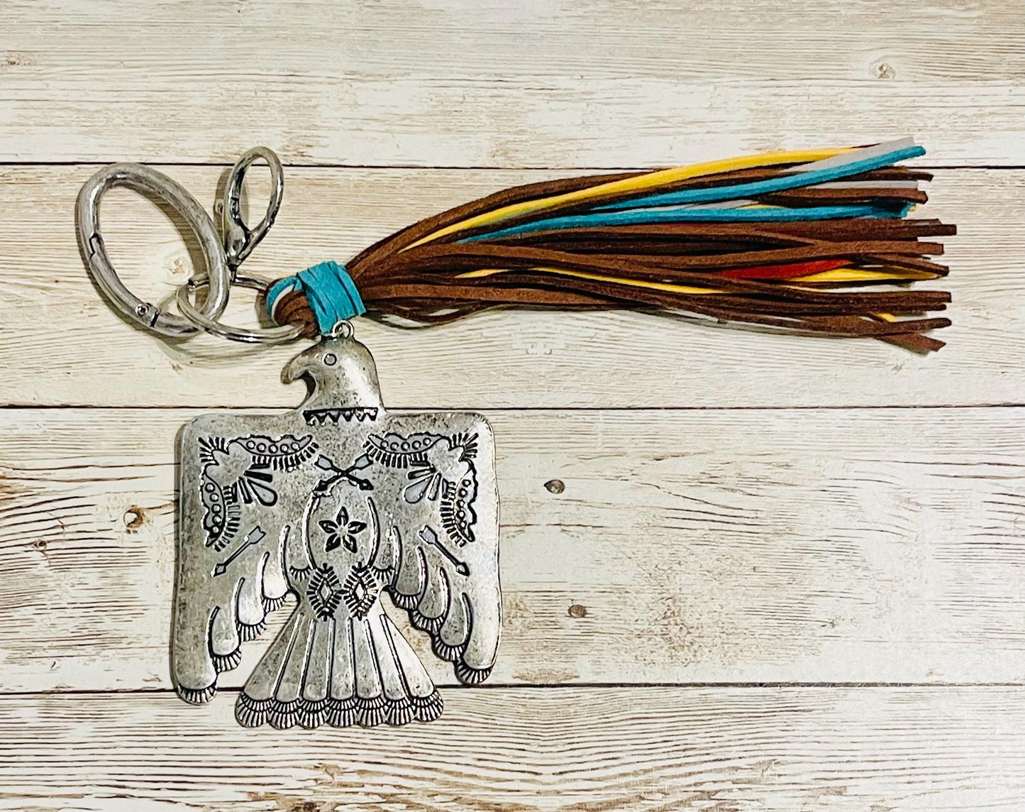 Thunderbird Southwest Western Keychain Key Purse Badge Llavero Pajaro Trueno Nativo con Tiras de Piel