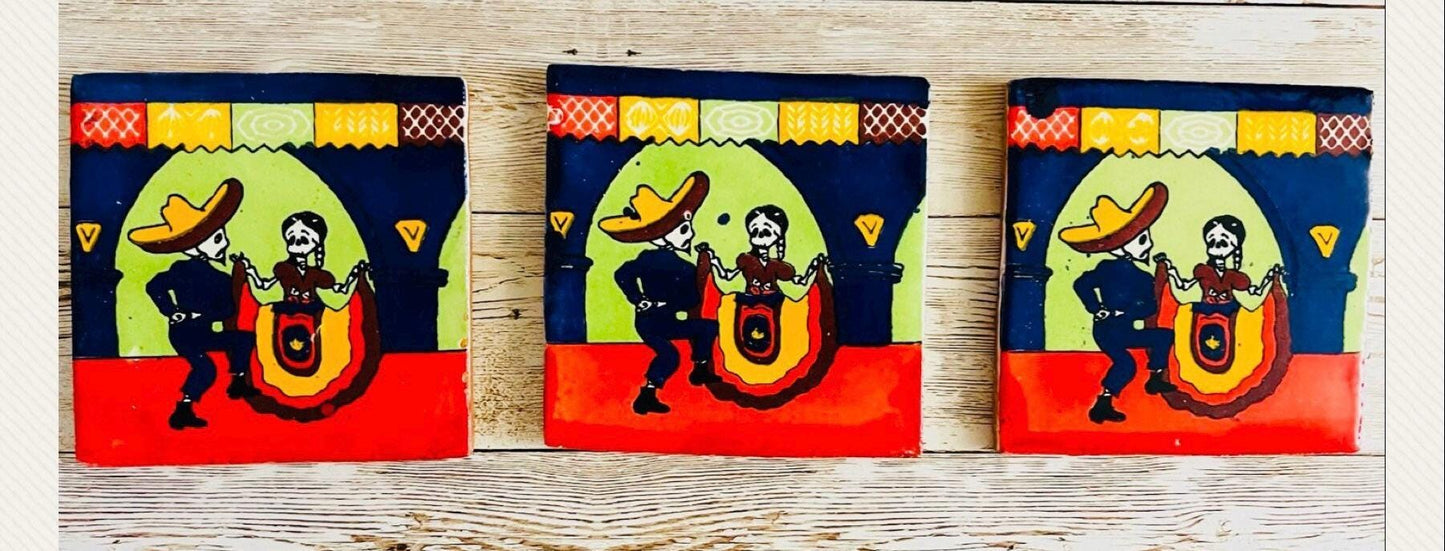 3x Mexican Day of the Dead Sugar Skull Tiles Coasters 3x Azulejos oh Portavasos De Catrinas Dia de Muertos