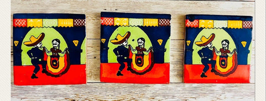 3x Mexican Day of the Dead Sugar Skull Tiles Coasters 3x Azulejos oh Portavasos De Catrinas Dia de Muertos