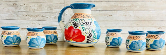 Terra Cotta Mexican Art Pottery Pitcher With 6 Cups Jarra Artesanal Mexicana
