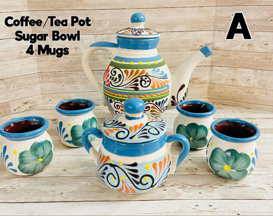 Terra Cotta Mexican Art Pottery CoffeeTea Set Drinkware With 4 Mugs Jarra Lechera Cafetera Artesanal con 4 tazas y Azucarera