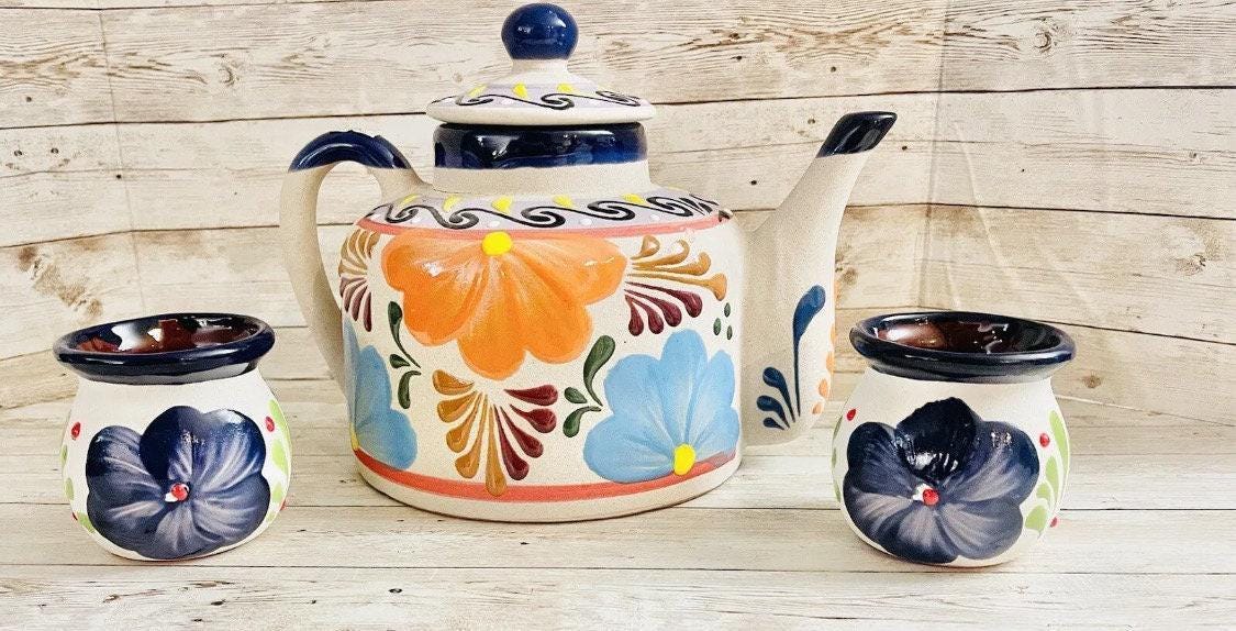 Terra Cotta Mexican Art Pottery CoffeeTea Pot with 2 Mugs Jarra Lechera Cafetera Artesanal Mexicana Engove con 2 Tazas