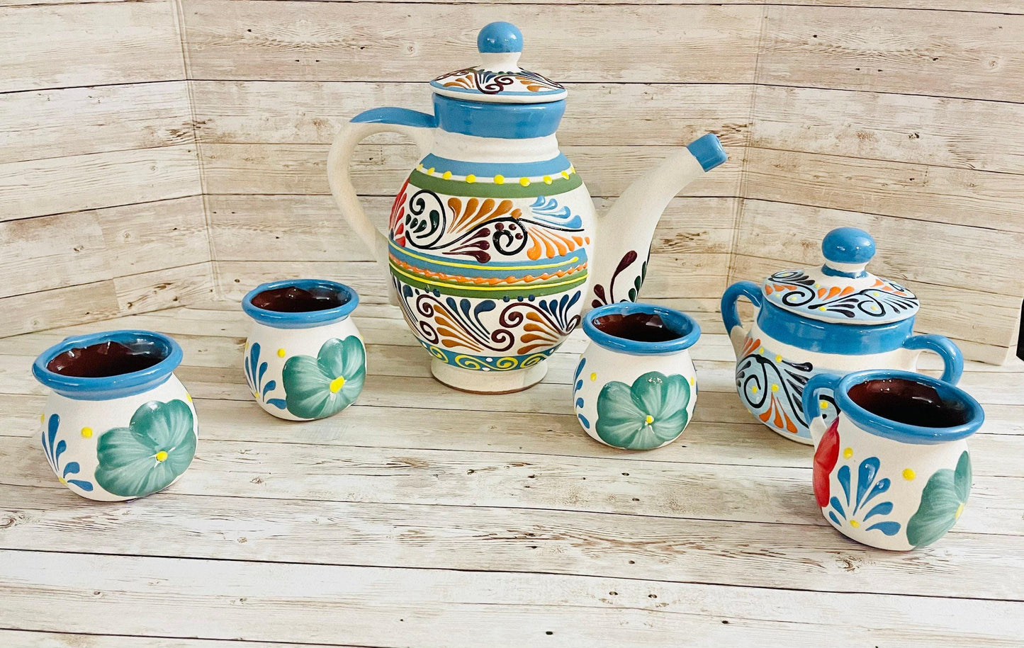 Terra Cotta Mexican Art Pottery CoffeeTea Set Drinkware With 4 Mugs Jarra Lechera Cafetera Artesanal con 4 tazas y Azucarera