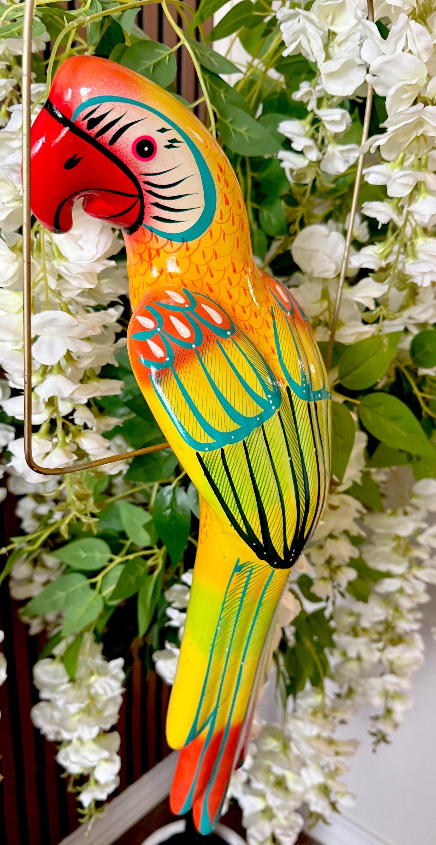 Hanging Exotic Bird in Ring Mexican Pottery Ceramic Pajaro De Cerámica