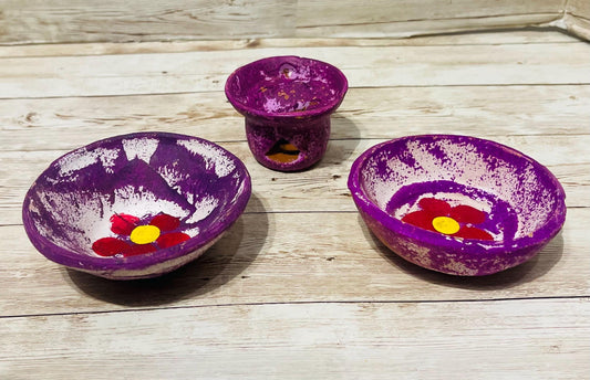 2 Platitos y 1 Anafre de Barro Mexicano Chico 2 Small Mexican Clay Platesand 1 Incense Burner Day of the Dead Dia de Muertos