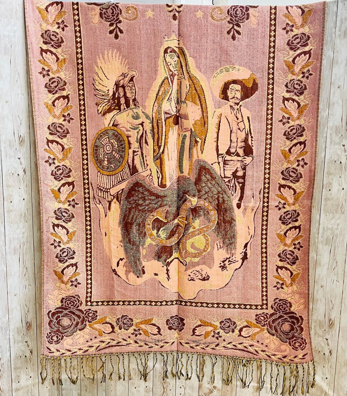 Virgin Mary Mexican Shawls Rebosos Wraps Rebosos de La Virgen Maria con Emiliano Zapata y Montezuma