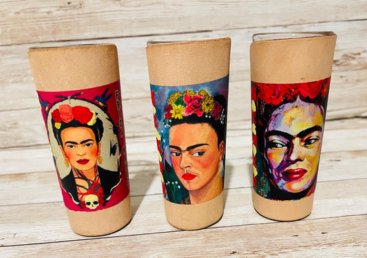 3 Frida Kahlo Mexican Leather Shot Glasses 3 Vasos Tequileros de Frida Kahlo con Forro de Piel